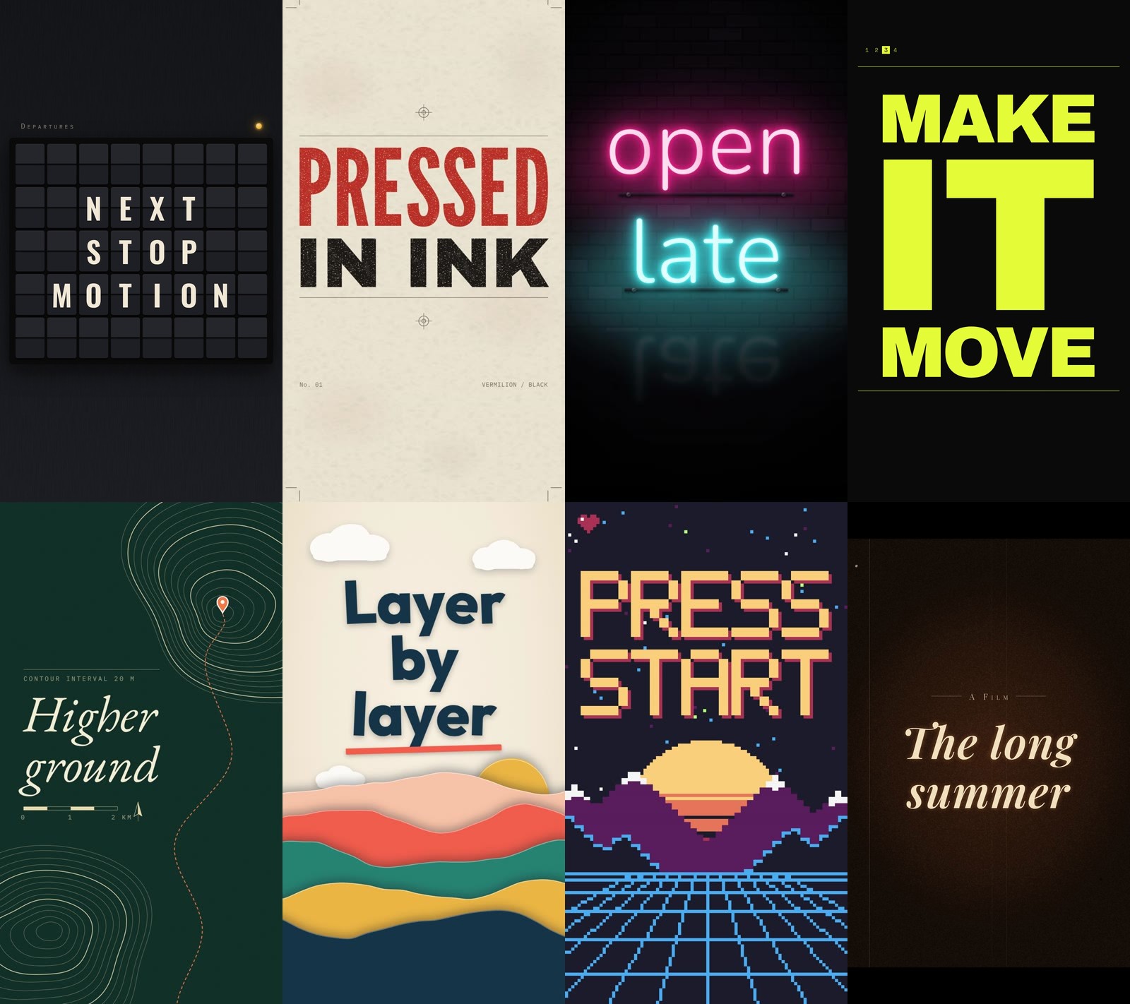 All 8 styles: split-flap, letterpress, neon sign, kinetic type, topographic, paper cutout, pixel arcade, film title