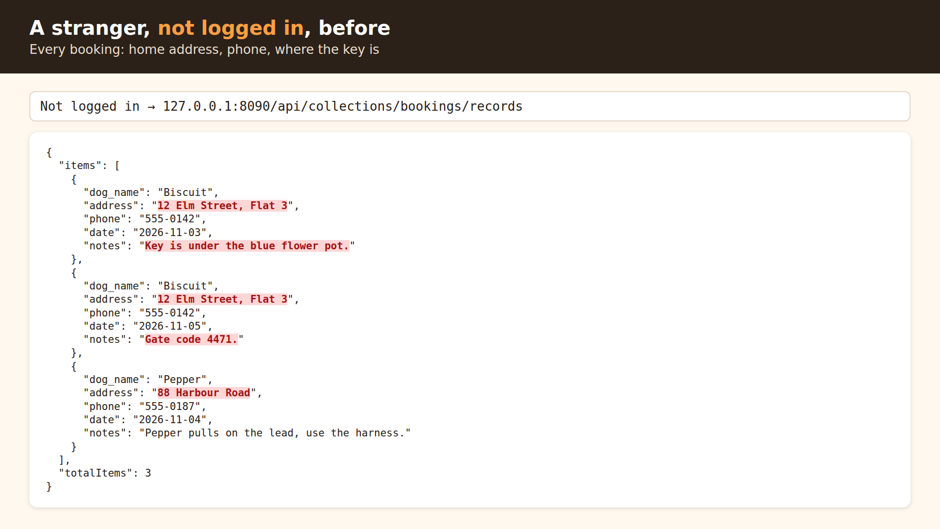 A logged-out visitor reading every booking, before the fix