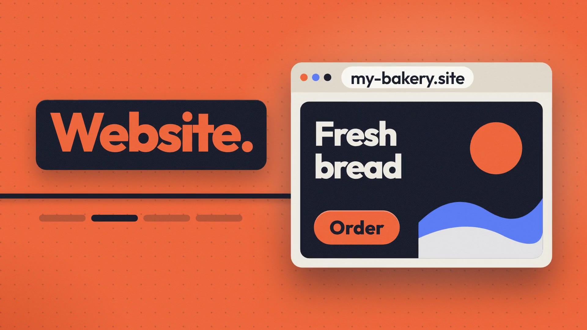 A frame from the explainer: the word Website on a navy slab over an orange field, beside a drawn bakery website with an Order button
