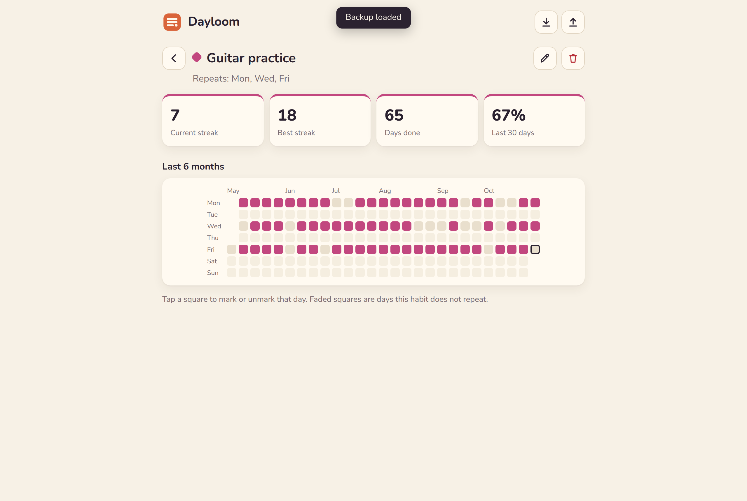The habit page on a laptop: streaks, totals and the 6-month calendar